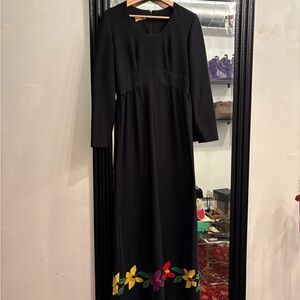 Leslie Fay Black Long Sleeve Maxi Dress with Multicolor Floral Hem
